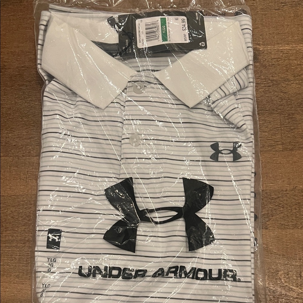 NWT Size L Under Armour Boy’s White Striped Polo Shirt